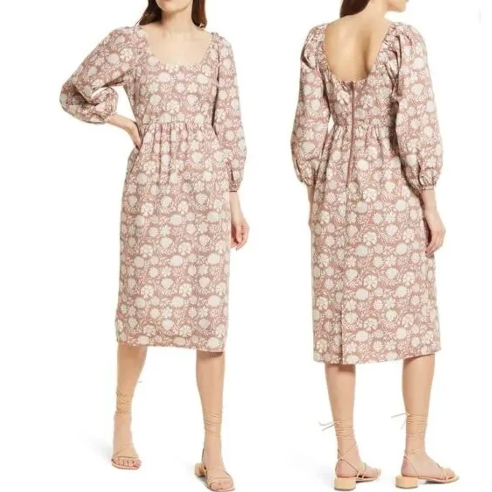 Faherty Dress Womens Medium Pink Floral Willa Midi Puff Sleeve Cotton WDS2206CJF